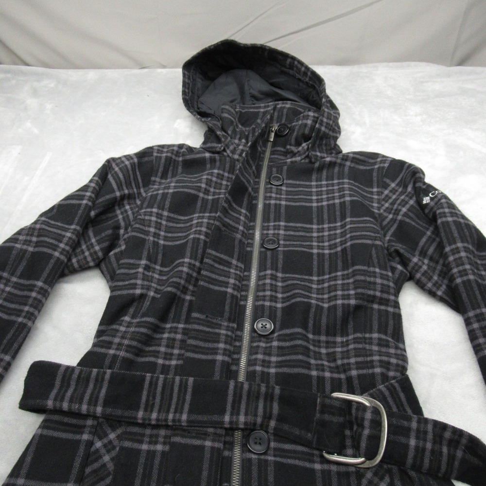 Columbia Jacket Womens XS‎ Black Plaid Omni Heat Belted Heavyweight Trench Coat - Picture 7 of 16